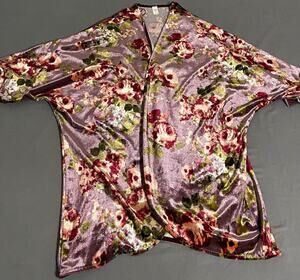 Lazy Sundays Purple Floral Satin Kimono Robe Velvet Sheen Boho Cardigan Small
